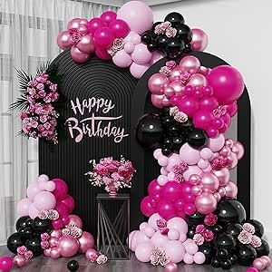 Pink And Black Balloon Garland, Magenta Balloons, Black Balloon Garland, Chrome Pink, Black Balloon, Sweet 16 Party, Garland Backdrops, February Valentines, Girl Birthday Decorations