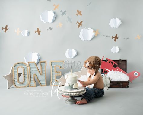 Airplane Cake Smash, Airplane First Birthday Party Cake, Airplane Smash Cake, Airplane Smash Cake 1st Birthdays, Time Flies Smash Cake, One Year Old Airplane Photoshoot, Time Flies Cake Smash, Aviator Cake Smash, Hot Air Balloon Cake Smash Photography