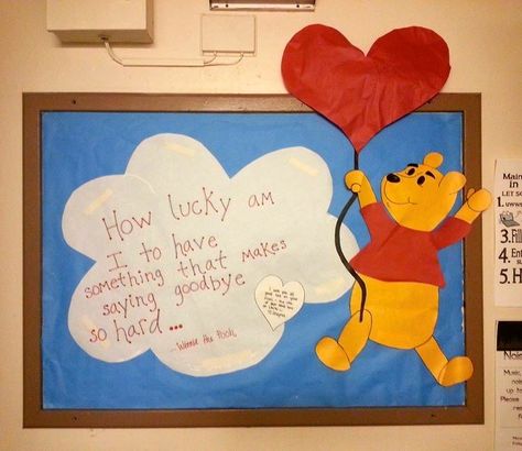 May 2014 RA bulletin board <3 "How lucky am I to have something that makes saying goodbye so hard." - Winnie the Pooh Goodbye Bulletin Boards, Winnie The Pooh Bulletin Board, Winnie The Pooh Classroom Theme, Principal Retirement, April Bulletin Boards, Classroom Behavior Chart, College Bulletin Boards, Disney Themed Classroom, Bulletin Boards Theme