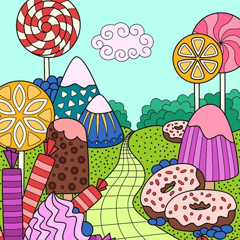 Welcome to Candy Land Candy Land Painting, Candy Land Drawing, Candyland Art, Drawing Themes, Candy Drawing, Fairy Flowers, Number Art, Geometrical Shapes, Candy Land Theme