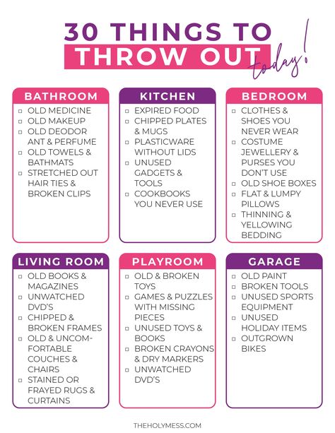 Get organized! Here are 30 things you can throw out right now and never miss them again. Use our printable to do a little bit each day. #declutter #organized #organizehome #checklist Things To Declutter, Expired Food, Living Room Playroom, Declutter Home, House Cleaning Checklist, Old Towels, Plastic Ware, Household Cleaning Tips, Marie Kondo