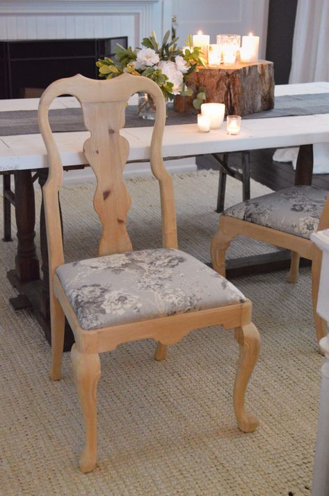 How To Strip + Reupholster A Wood Dining Chair Bleached Wood Dining Chairs, Dining Chair Reupholster, Wood Dining Chairs Makeover, Oak Dining Chairs Makeover, Oak Chair Makeover, Farmhouse Dining Chairs Upholstered, Vintage Dining Chairs Makeover, Refinished Dining Chairs, Recover Dining Room Chairs