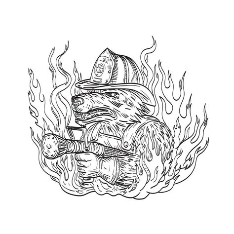 Dog or Wolf Fireman Aiming Fire Hose Wearing Firefighter Helmet with Smoke and Fire Tattoo Drawing Black and White Fireman Tattoo, Firefighter Drawing, Firefighter Symbol, Ems Tattoos, Firefighter Tattoo, Fire Fighter Tattoos, Helmet Drawing, Helmet Tattoo, Traditional Tattoo Old School