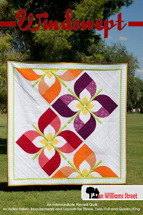 Windswept is a modern quilt pattern using various sizes of drunkards path blocks to create large flowers flowing across the quilt.• Pattern shown is for a twin/full quilt, about 84 x 84" in size• Layouts for a throw quilt and a queen/king size bed quilt are included• Intermediate quilt pattern• Drunkards path block construction• PDF pattern for immediate download Flower Quilt Patterns, Drunkards Path Quilt, Drunkards Path, Modern Quilting Designs, Quilted Wall Hanging, Quilt Modernen, Flower Quilts, Modern Quilting, Flower Quilt