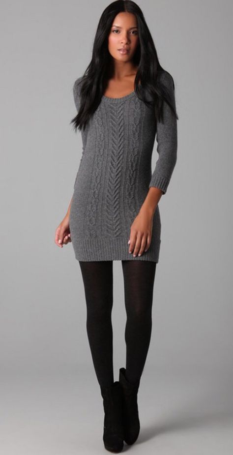 Cute winter outfit... Form fitting sweater dress, tights, and boots, either ankle or knee height. Sweater Dress With Leggings, Dresses Office Wear, Sweater Dress Leggings, Dress In Winter, Dress With Leggings, Dresses Office, Leggings Outfit Fall, Fall Sweater Dress, Below The Knee Dresses