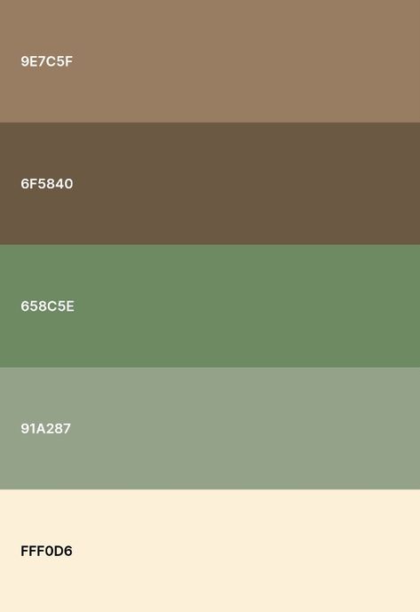 Green And Brown Colour Scheme, Earth Tone Color Palette Green, Brown Tan Green Color Palette, White Green Brown Aesthetic, Brown Green Room Aesthetic, Green Cream Brown Color Palettes, Nature Green Color Palette, Earthly Colors Palette, Matcha Color Pallette