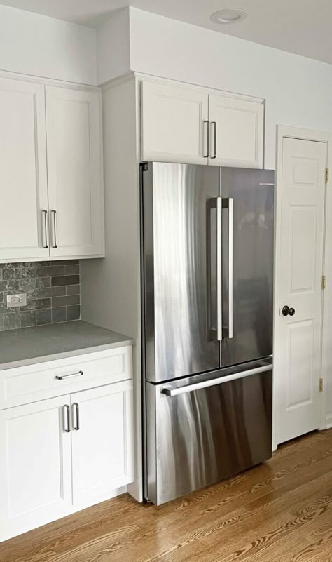 Counter Depth Refrigerator, Kitchen Addition, Built In Refrigerator, Cabinet Boxes, Open Cabinets, Kitchen Pantry Storage, Stainless Steel Refrigerator, Lake Home, Pantry Cabinet