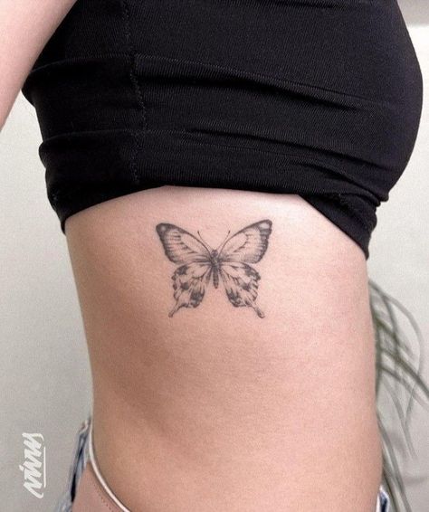 Munich Tattoo, Aesthetic Butterfly Tattoo, Butterfly Rib Tattoo, Butterfly Sleeve Tattoo, Smiley Face Tattoo, Realistic Butterfly Tattoo, Minimal Tattoo Designs, Dainty Tattoo, Minimal Tattoo Ideas