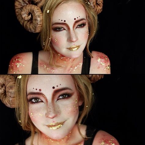 I think this is Aries makeup, but I love it for any supernatural/fantastical costumes! Erin Timony, Aries Costume, Aries Photoshoot, Supernatural Makeup, Zodiac Sign Makeup, Aries Makeup, Faerie Makeup, Zodiac Makeup, Theater Makeup