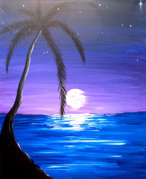 Night on the beach Moon Beach Painting, Beach At Night Painting Easy, Night Sky Beach Painting, Moon And Sea Drawing, Purple Beach Painting, Night Beach Painting, Moon Beach, Beach Scene Painting, Beach Drawing