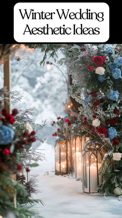 A beautiful winter wedding ceremony decorated with blue, green, and red accents, featuring snow-covered backdrops and seasonal flowers, for an elegant winter wedding aesthetic. Navy And Silver Winter Wedding, Winter Wedding Photo Booth, Snowy Wedding Ideas, Aspen Winter Wedding, Winter Wonderland Wedding Backdrop, Old Hollywood Winter Wedding, Winter Wedding Light Blue, Winter Weddings Outside, Christmas Time Wedding Ideas