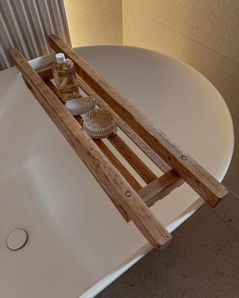 A customised rustic bath tray made for @lauracleanaholic . Handmade from our locally sourced reclaimed timber and finished in our Oak finish . For any customisations or bespoke pieces, get in touch with our details in the bio. . #handmade #bathcaddy #rusticdecor #rusticfurniture #reclaimedfurniture #sustainablefurniture #woodworker #woodworking #bathtray #homedecor #homedesign #home Oak Bath Caddy, Bathroom Into A Spa, Bookcase Bedroom, Bath Board, Bath Caddies, Rustic Bath, Wooden Bath, Pine Timber, Bath Tray