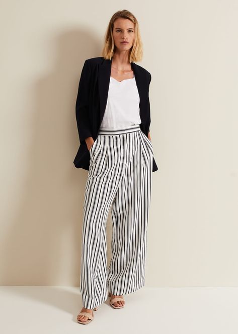 With A Classic Striped Design, Our Selene Trousers Fall To A Contemporary Wide Leg. There'S So Many Ways To Style Them: Dress Them Up With A Waistcoat And Heels For Drinks Or Down With A Linen Shirt And Sandals For Everyday.Model Wears Uk Size 10 And Is 5'9/175Cmregular Fit. Pin Stripe Pants Outfit, Trousers Outfit Summer, Linen Trousers Outfit, Stripe Pants Outfit, Trouser Outfit, Suit Trousers, Modest Fashion Outfits, Linen Trousers, Phase Eight