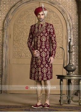 Groom Maroon Color Sherwani Maroon Sherwani Groom, Maroon Sherwani, Sherwani Groom Wedding, Indo Western Dress For Men, Indo Western Dresses, Design Kurta, Dresses For Men, Wedding Dresses Men Indian, Sherwani Groom