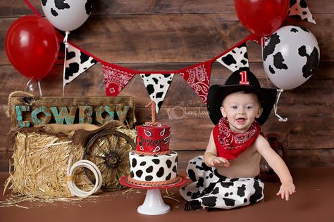 Red bandana and cow print fabric pennant banner bunting, Western, Cowboy, Horse, Barn, Birthday part Cupcake Desserts, Fabric Pennant Banner, Cow Print Fabric, Rodeo Birthday Parties, Cowboy Theme Party, Barnyard Birthday Party, Western Birthday Party, Farm Animals Birthday Party, Farm Themed Birthday Party