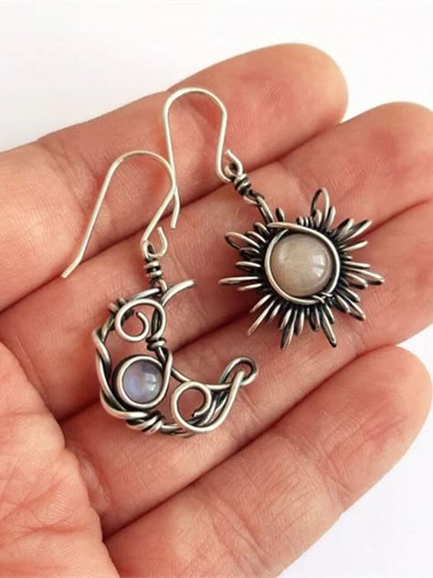 Sun And Moon Earrings, Bohemian Sun, Abstract Star, The Sun And Moon, Asymmetrical Earrings, Boho Style Jewelry, Wire Work Jewelry, Moonstone Earrings, Handmade Wire Jewelry