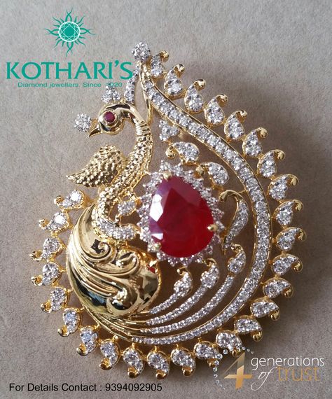 A beautiful Diamond peacock pendent studded with the Ruby at the center. Peacock Jewelry, Bridal Jewels, Diamond Pendent, Diamond Pendants Designs, Jewellery Design Sketches, Art Jewelry Design, Gold Jewelry Simple Necklace, Gold Pendants, Gold Necklace Indian Bridal Jewelry