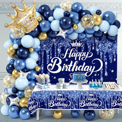 PRICES MAY VARY. 💙GREAT VALUE BLUE PARTY DECORATIONS KIT - Our navy blue and silver birthday party decorations kit includes 135pcs latex balloons(4 colors, 5"+10"+12", 15 gold confetti), 4pcs 10" silver star foil balloons, 1pc 30" gold crown foil balloons, a blue happy birthday backdrop and a matching blue white tablecloth, plus 3 tools. Celebrate in style with our great value navy blue party decorations kit! 💙STYLISH AND ELEGANT DESIGN - Designed to feature a stylish blue and silver color sch Blue And Silver Party Decorations, Blue And Silver Party, Navy Blue Party Decorations, Blue Birthday Decorations, Navy Blue Birthday, Happy Retirement Decorations, Crown Balloon, Silver Party Decorations, Blue Party Decorations