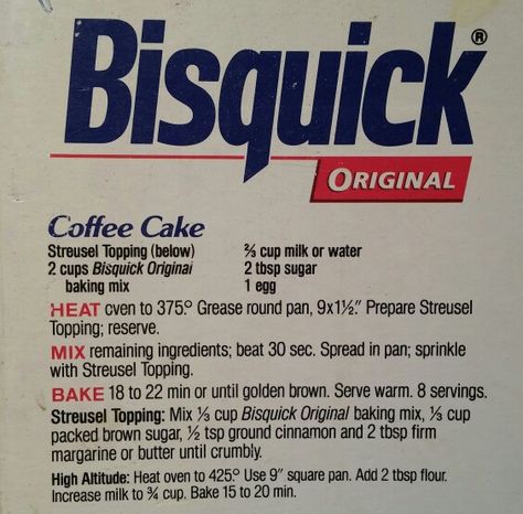 Bisquick original recipe from the box. Bisquick Coffee Cake, Bisquick Coffee Cake Recipe, Cake Mug, Coffee Cake Recipe, Bisquick Recipes, Coffee Cake Recipes, Baking Mix, Breakfast Cake, Breakfast Breads