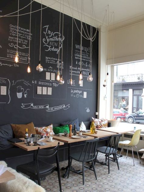 15 Café Shop Interior Design Ideas To Lure Customers 15 Kaffe Bar, Butik Design, Blackboard Paint, Café Design, Coffee Shop Interior Design, Chalk Wall, Design Café, Coffee Shops Interior, Interior Vintage