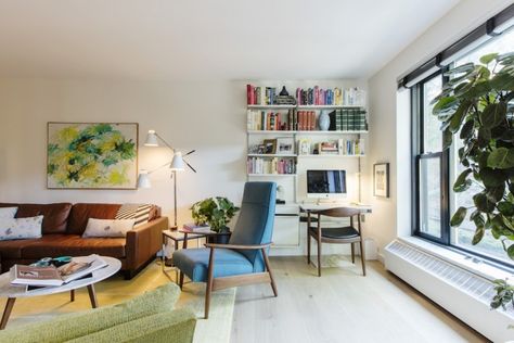 mid-century apartment Kitchen Office Nook, Desk Nook, Living Room Desk, Quiet Space, Small Space Office, Modular Unit, Office Nook, Desk In Living Room, Space Storage