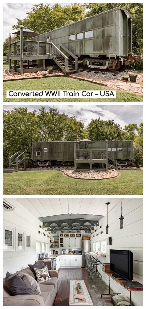 This WWII Railway Train car that was originally used as a kitchen still lives on as a wonderful Airbnb located in Maryville, Tennessee!  #tinyhouse #tinyhouseplans #tinyhousedesign #tinycabins #tinyhousecabin #tinyhouseliving #tinyhouseideas #tinyhomes #tinyhomesonwheels #train #trainhome #traincar Converted Train Car Tiny House, Converted Train Car, Train Cabin, Maryville Tennessee, Trailer House, Train Home, Usa Living, Shepherd Huts, Homesteading Diy