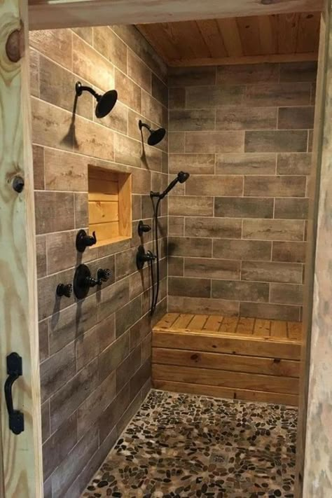 Unique Bathroom Tiles, Rustic Bathroom Shower, Barn Bathroom, Cabin Bathroom, Cabin Bathrooms, Rustic Bathroom Designs, Shower Cabin, Master Bath Ideas, Rustic Bathrooms