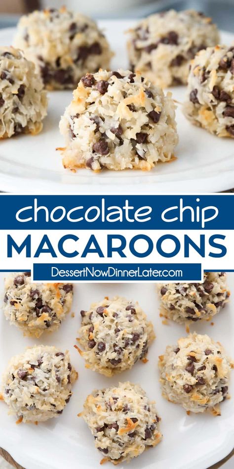 Chocolate Chip Macaroons elevates plain coconut macaroons with the addition of chocolate chips. Made easy with shredded coconut, sweetened condensed milk, flour, vanilla and salt. (No egg whites.) Shredded Coconut Recipes, Chocolate Chip Macaroons, Coconut Sweetened Condensed Milk, Coconut Cookies Recipes, Coconut Chocolate Chip Cookies, Macaroon Recipes, Coconut Macaroons, Magic Recipe, Best Comfort Food