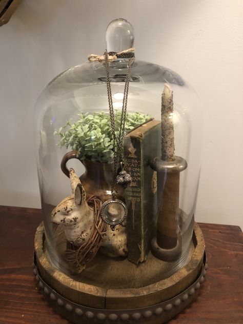 Wire Cloche Decor Ideas, Cloche Decor Ideas, Naturalist Aesthetic, Antique Vignettes, Glass Cloche Decor, Cottagecore Crafts, Cloche Ideas, Vintage Booth Display, Cloche Decor