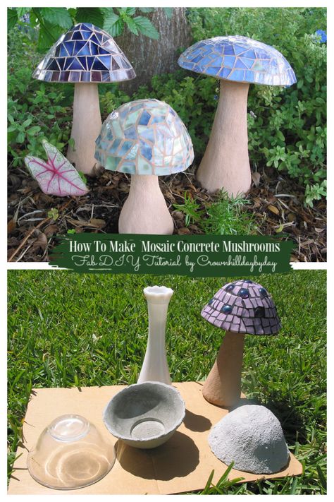 Mushroom Projects, Garden Mushrooms, Mushroom Crafts, Outdoor Crafts, Garden Crafts Diy, Concrete Garden, Concrete Crafts, Glass Mushrooms, Garden Art Sculptures Diy