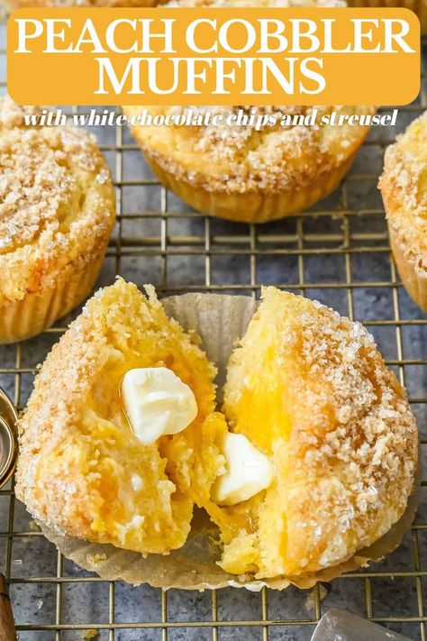 Peach Muffin Recipes, Cobbler Muffins, Peach Cobbler Muffins, Fresh Peach Recipes, White Chocolate Muffins, Modern Honey, Peach Muffins, Tin Recipes, Chocolate Muffin Recipe