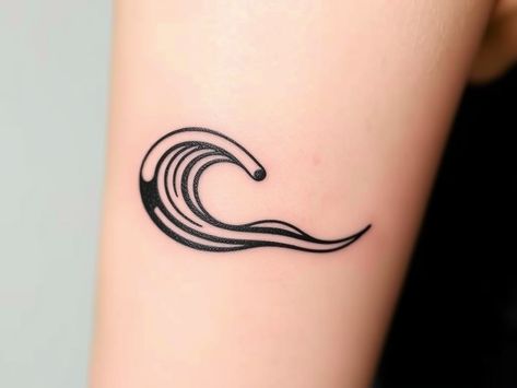 Consider a minimalist tattoo design featuring a sleek wave silhouette with clean, flowing lines. The wave is depicted in a simple, geometric style in black ink, radiating a sense of calm, freedom, and fluidity. Perfect for surfers, beach enthusiasts, and anyone captivated by the soothing energy of the sea. Minimalist Tattoo, Sleek, Tattoo Designs, Tattoos, Design