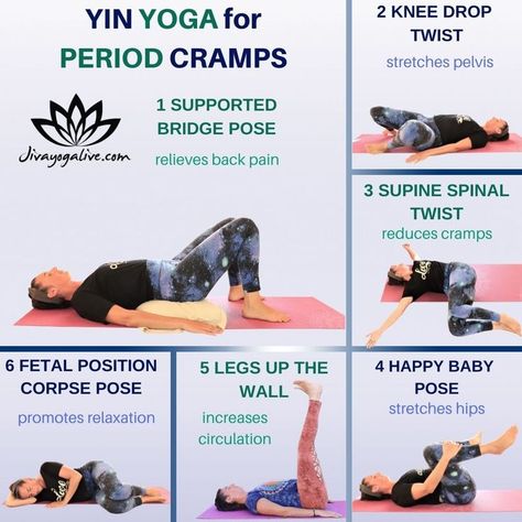 The practice of yin yoga can be very helpful to relieve pain in a woman's body during menstruation. Yin yoga helps to combat period cramps by reducing stress while stretching the muscles of the pelvis and abdomen. Period Cramps Relief Yoga, Yoga For Period Cramps, Yoga Menstruation, Yoga For Period, Period Cramps Relief, Period Yoga, Period Cramp Relief, Period Pain Relief, Yin Yoga Poses