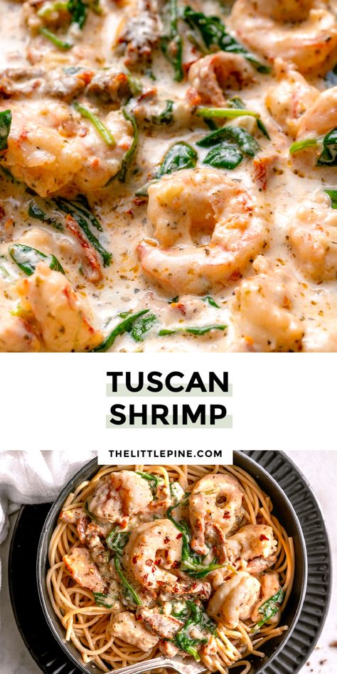 Tuscan Shrimp- PIN 1 Creamy Tuscan Shrimp Orzo, Tuscany Shrimp Pasta, Shrimp Tuscan Pasta, Shrimp Bowls Healthy, Healthy Lobster Recipes, Tuscan Shrimp Pasta, Sun Dried Tomatoes And Spinach, Tuscan Shrimp, Tuscan Pasta