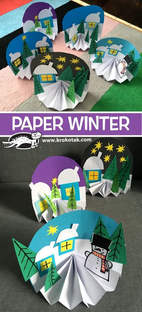 Fun Paper Craft for those indoor cold days! Juleverksted For Barn, Winter Art Lesson, Winter Paper, Winter Art Projects, Winter Crafts For Kids, Christmas Tree Cards, Winter Art, Winter Kids, Christmas Crafts For Kids