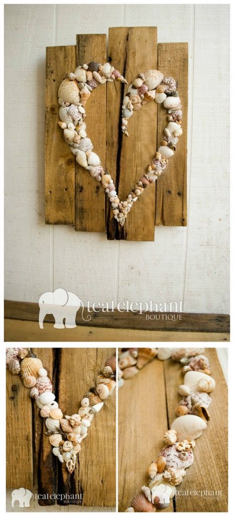 This is an amazing rustic pallet art that has been made from seashells shark teeth and wooden pallets. All these items are placed on the pallets with the help of glue and the wooden pallets are attached to the wall with heavyweight wire screws. This beautiful handmade sculpted seashell skewed heart will give your home a rustic look and increase its charm. You would not have to buy anything from the market so you can say that it will be one of the cheapest seashell crafts. #diywoodwork Shark Teeth Crafts, Seashell Heart, Shell Heart, Seashell Wall Art, Wood Pallet Projects, Pallet Art, Beach Crafts, Seashell Crafts, Diy Pallet Projects