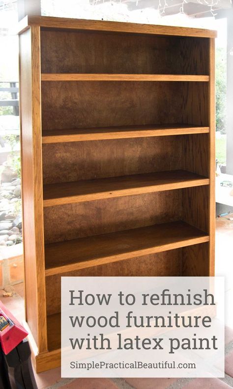 How to refinish a bookshelf or any wood furniture with latex paint | furniture makeover | refinishing | painting a bookcase Kids Furniture Makeover, Cheap Bookcase, Refinish Wood Furniture, Bookshelf Makeover, Painting Bookcase, Painted Bookshelves, Diy Bookshelf, Diy Kids Furniture, Furniture Bookshelves