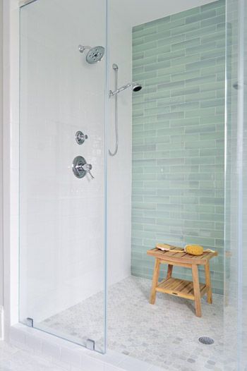 accent tile the back wall green glass subway tile-- I love the way it warms up… Fern House, Makeover Kamar Mandi, Bilik Air, Boy Bath, Stunning Bathrooms, Bathroom Shower Tile, Basement Bathroom, Upstairs Bathrooms, Bathroom Redo