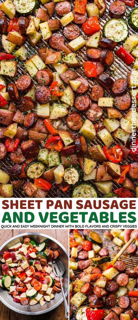 Sheet Pan Sausage and Vegetables is an easy weeknight dinner that you can prep in a few minutes with bell peppers, red potato, and zucchini. Zucchini Kielbasa Recipes, Sausage Zucchini Sheet Pan Dinner, Sheet Pan Dinners With Sausage, Sheet Pan Smoked Sausage And Veggies, Sheet Pan Kielbasa And Veggies, Kielbasa Sheet Pan Dinner, Sausage And Peppers In Oven, Sausage Peppers Onions And Potatoes, Sausage Potatoes And Peppers