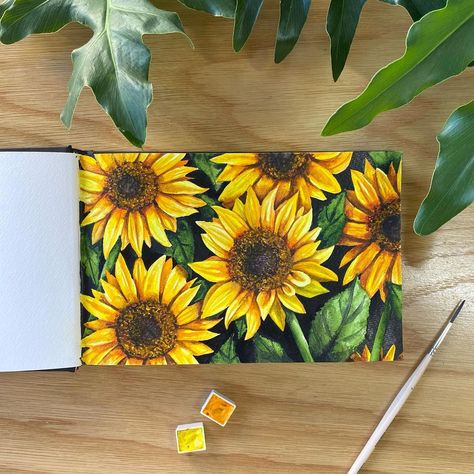 Sunflower Mini Painting, Colored Pencil Sunflower, Sunflower Painting Acrylic Easy, Notebook Painting Ideas, Sunflower Painting Acrylic, Sunflower Acrylic Painting, Watercolour Sunflower, Cherry Blossom Painting Acrylic, Sunflower Paintings