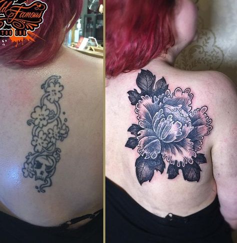 Before: A rather cute tattoo of flowers and vines and a skull. After: Hide the tattoo beneath a a beautiful flower tattoo with shadows to hide the original design. Cover Up Tattoos Before And After, Flower Cover Up Tattoos, Wrist Tattoo Cover Up, Upper Back Tattoos, Beautiful Flower Tattoos, Up Tattoo, Skeleton Hand Tattoo, Tattoo Cover Up, Back Of Shoulder Tattoo