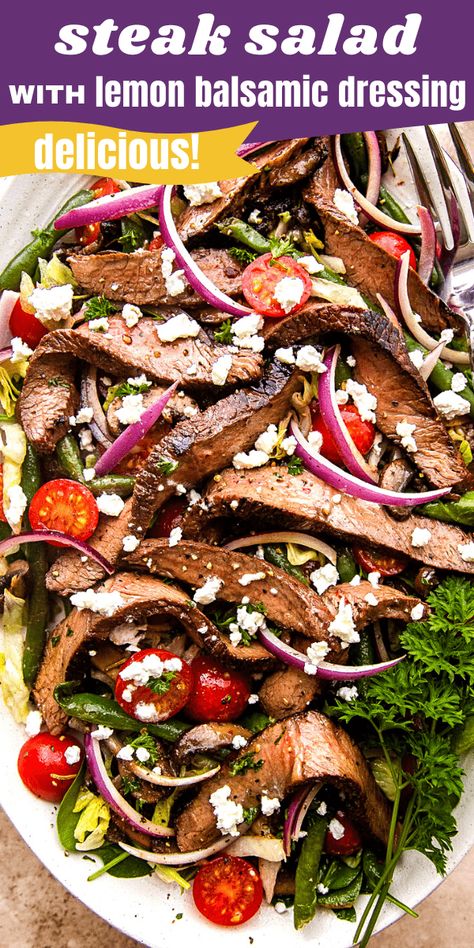 Juicy sirloin steak is soaked in a flavorful lemon balsamic marinade and combined with mushrooms, tomatoes and salad greens in this Easy Steak Salad recipe. It's a healthy dinner option you'll keep coming back to! Steak Salad Recipes For Dinner, Steak Salad Recipes, Steak Salad Recipe, Salad Fingers, Balsamic Marinade, Side Salad Recipes, Healthier Meals, Weeknight Recipes, Mushroom Salad