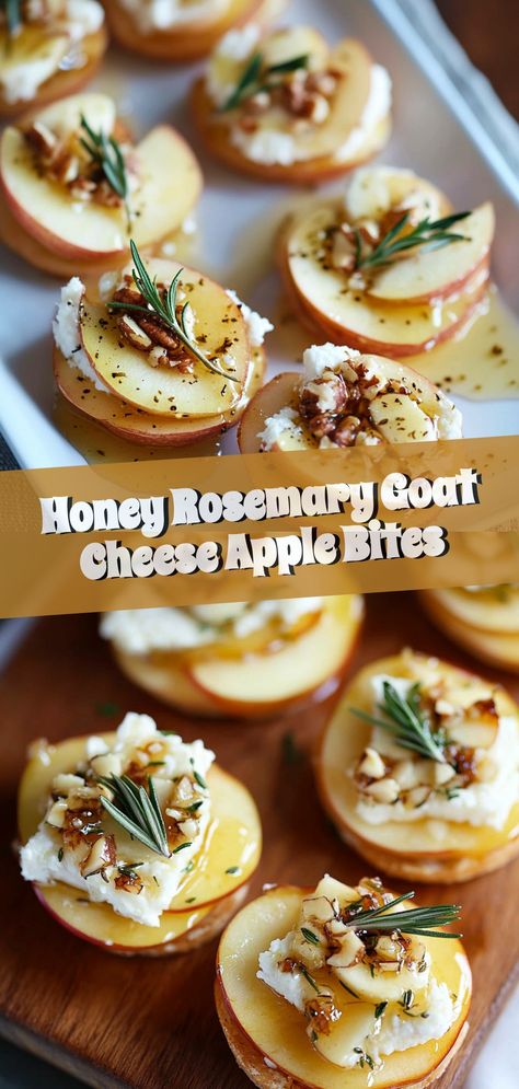 Indulge in the exquisite taste of Honey Rosemary Goat Cheese Apple Bites—a perfect fusion of creamy goat cheese, crisp Honeycrisp apples, and fragrant rosemary. An ideal choice for any gathering or a cozy night in, these bites are quick to prepare yet offer a gourmet experience. Top each cracker or bread slice with rosemary-infused goat cheese, a slice of apple, and a dribble of honey for a stunning, flavorful treat. Perfect for food lovers seeking a delightful and easy-to-make appetizer. #foodie #appetizer #easyrecipes #gourmetsnack #flavorful Goat Cheese Flavors, Goat Cheese Board, Goat Cheese Bites, Apple Bites, Goat Milk Recipes, Goat Cheese Appetizer, Whipped Honey, Creamy Goat Cheese, Apple Bite