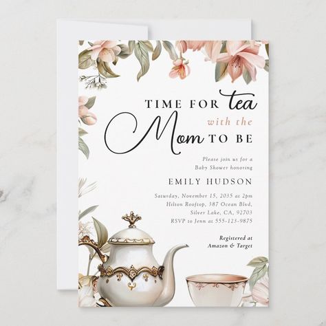 Elegant Tea Party Baby Shower Invitation Tea With Mommy To Be Invitations, Baby Shower Tea Party Invitations, Tea Party Shower Baby, Tea For Two Baby Shower Ideas, Tea Party Themed Baby Shower Ideas, Tea Party Baby Shower Ideas Decoration, Afternoon Tea Baby Shower Ideas, Tea Baby Shower Ideas, High Tea Baby Shower Ideas