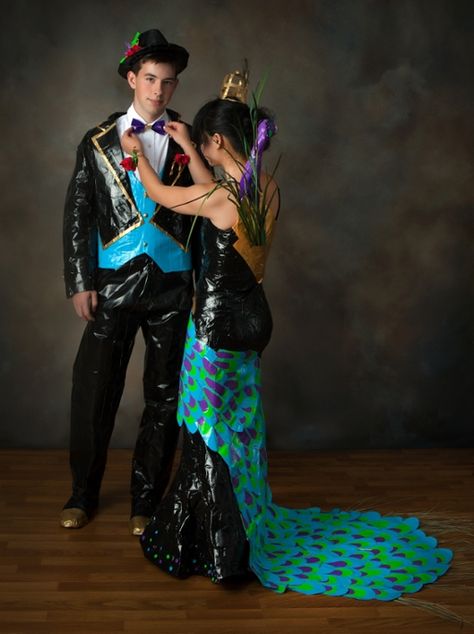 Duct Tape Mannequin Diy, Wearable Duct Tape Crafts, Peacock Prom Dress, Duct Tape Prom Dress, Duct Tape Clothes, Prom Attire, Duct Tape Dress, Duck Tape, Recycled Fashion