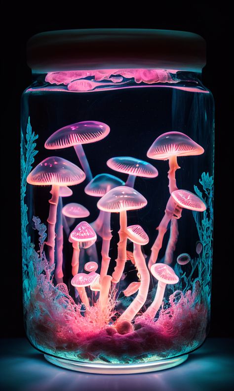 Terrarium Mushrooms, Pink Mushrooms, Glow Mushrooms, Glowing Mushrooms Art, Bioluminescent Mushrooms, Mushroom Bioluminescent, Glowing Fungi, Glowing Mushrooms, Mushroom Wallpaper