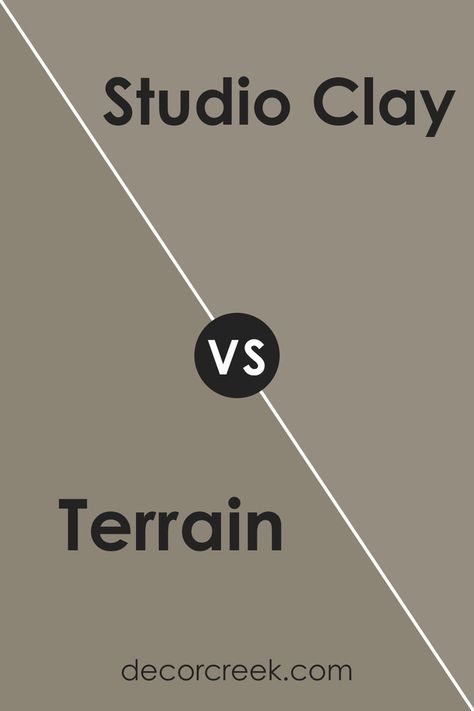 Terrain and Studio Clay from Sherwin Williams offer harmonious earth tones. Terrain, deeper and saturated, resembles rich garden soil, making a bold statement or anchoring a room. Studio Clay, lighter and subdued, evokes natural artisanal clay, creating a serene ambiance. While Terrain provides contrast, Studio Clay offers a calming backdrop. Together, they embody natural beauty and versatility in design. Sherwin Williams Terrain, Studio Clay Sherwin Williams, Clay Lighter, Rich Garden, Picking Paint Colors, Zyla Colors, Cabin Retreat, Trim Colors, Room Studio