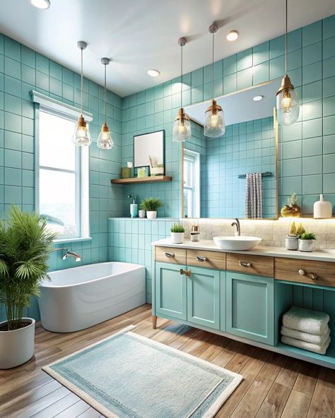 Modern bathroom ideas with soft blue colors #softblue #softcolors #bathroom #washroom #bathroomdesign #bathroomdecor Light Teal Bathroom, Blue Bathroom Ideas Ocean, Light Blue Bathrooms, Washroom Ideas, Light Blue Bathroom, Turquoise Bathroom, Modern Bathroom Ideas, Blue Bathroom, Blue Tiles