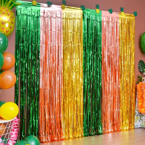 PRICES MAY VARY. TROPICAL PARTY DECORATIONS: 2 packs of green light brown and yellow foil fringe curtains, Extra large size (width x drop) 3.3 x 6.6 ft each, perfect for Hawaiian luau party decorations. HIGH-QUALITY FRINGE CURTAINS: These luau theme color metallic foil fringe curtains are made of tinsel. They are lightweight and durable fringe curtains. Our high-quality fringe curtains are rugged, unbreakable, and can be used for a long time. EASY TO APPLY: Tear off double-sided adhesive tape, t Retro Luau Party, Luau Backdrop Ideas, Hawaiian Backdrop, Hawaii Theme Party, Tropisk Fest, Hawaiian Theme Party, Hawaiian Themed Party, Hawaiian Luau Party Decorations, Streamer Party Decorations