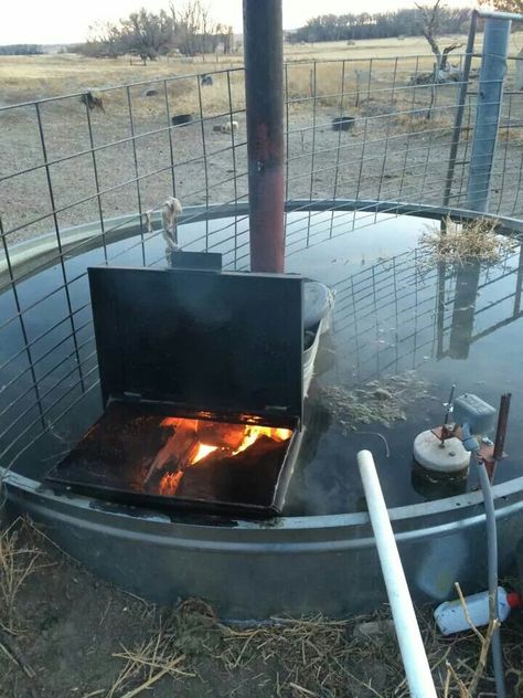 Wood burning stock tank heater Trough Fire Pit, Wood Fired Hot Tub Diy, Stock Tank Heater, Cattle Trough, Burning Water, Diy Stock Tank, Feed Trough, Diy Hot Tub, Cattle Feed